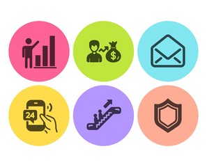 Graph chart, Mail and Escalator icons simple set. 24h service, Sallary and Security signs. Growth report, E-mail. Flat graph chart icon. Circle button. Vector