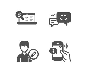 Set of Happy emotion, Edit person and Online accounting icons. Call center sign. Web chat, Change user info, Web audit. Phone support.  Classic design happy emotion icon. Flat design. Vector