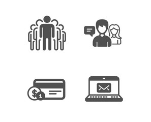 Set of Payment method, People talking and Group icons. E-mail sign. Cash or non-cash payment, Contact service, Managers. New message.  Classic design payment method icon. Flat design. Vector