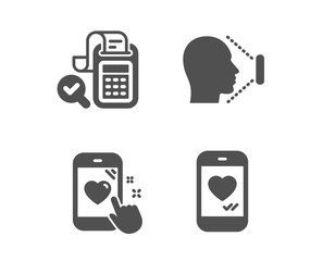 Set of Heart rating, Face id and Bill accounting icons. Love chat sign. Phone feedback, Identification system, Audit report. Smartphone.  Classic design heart rating icon. Flat design. Vector