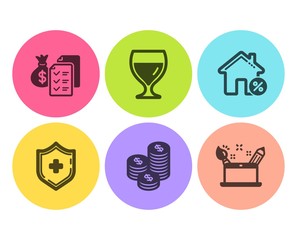 Coins, Loan house and Accounting wealth icons simple set. Medical shield, Wine glass and Creativity concept signs. Cash money, Discount percent. Flat coins icon. Circle button. Vector