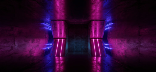 Sci Fi Neon Fluorescent Retro Glowing Purple Blue Alien Spaceship Base Underground Tunnel Corridor Refelctive Grunge Concrete Dance Club Stage Showroom Vibrant Virtual Reality 3D Rendering