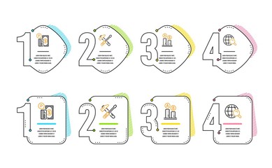 Hammer tool, Parking payment and Ab testing icons simple set. Internet search sign. Repair screwdriver, Paid garage, Test chart. Web finder. Technology set. Infographic timeline. Line hammer tool icon