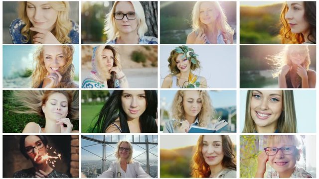 Portraits of successful and happy women, a collage of videos