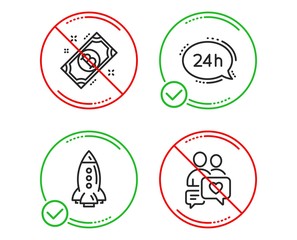 Do or Stop. Bitcoin, 24h service and Rocket icons simple set. Dating chat sign. Cryptocurrency coin, Call support, Spaceship. People love. Technology set. Line bitcoin do icon. Prohibited ban stop