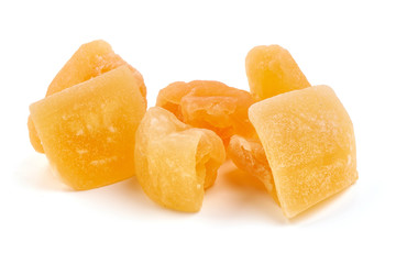 Dried melon slices, close-up, isolated on white background