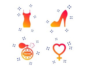 Women dress icon. Sexy shoe sign. Perfume glamour fragrance symbol. Random dynamic shapes. Gradient accessories icon. Vector