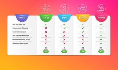 Package location, Exit and Taxi icons simple set. Comparison table. Airplane travel sign. Delivery tracking, Escape, Passengers transport. Check in. Transportation set. Pricing plan. Vector