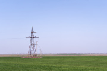 Electricity pylons in a spring green field in Ukraine