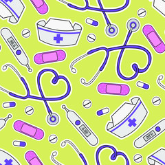 Hand drawn  nurse hospital elements vector illustration seamless pattern background