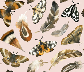 Hand painted watercolor feathers and butterflies. Seamless pattern on pink background.