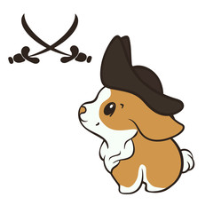 Welsh corgi dog breed vector illustration. Cute corgi puppy in pirate hat cartoon. Fluffy Corgi Pembroke, love dogs. Funny little pirate in  Capitan’s costume. Canine theme in minimal flat style