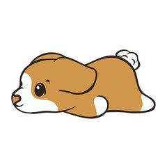 Welsh corgi dog breed vector illustration. Cute puppy lying down from back view, cartoon icon. Fluffy Corgi Pembroke, love dogs. Simple emblem for pet shop, zoo ads, animal food package. Tired sad dog