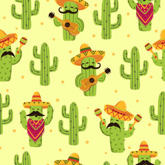 Fototapeta premium Seamless Mexican cactus pattern. Cute cactus with guitar, sombrero, maracas.