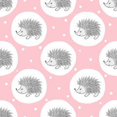 Watercolor cute hedgehogs pattern. Vector seamless dotted background for kids. © Afanasia