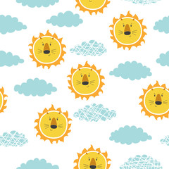 Seamless cute sun and clouds pattern. Baby print.