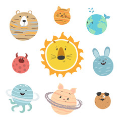 Set of cute cartoon planets as animals.  Vector illustration.