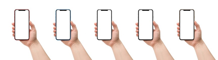 Set of five smartphones: gold, red, blue, silver and black with a blank screen in a woman's hand on...