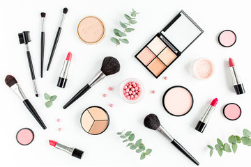 Professional makeup brushes and tools, make-up products set. Flat composition. magazines, social media. Top view. Flat lay.