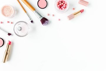 Professional decorative cosmetics, makeup tools on white background. Flat composition beauty,...