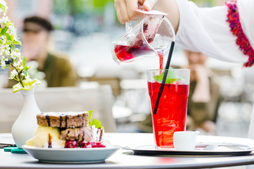 Fototapeta premium Fresh self made ice tea in cafe on table