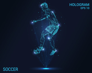 Fototapeta premium Soccer hologram. Holographic projection of football. Flickering energy flux of particles. Scientific design soccer.