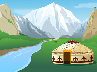 Kirghiz nomadic ornamental yurt in the gorge with mountains landscape vector illustration