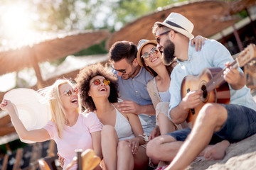 Young friends enjoying at beach party