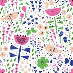 Kid flower, butterfly and bird summer seamless pattern. Vector background. Wrapping. Surface design.