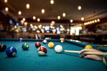 Fototapeta Selective focus at billiard ball on blue table obraz