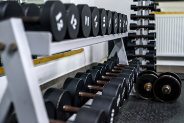 Naklejka na ściany i meble Different sport equipment in gym as background