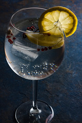 GIN TONIC EN COPA CON HIELO, LIMON SOBRE FONDO OSCURO