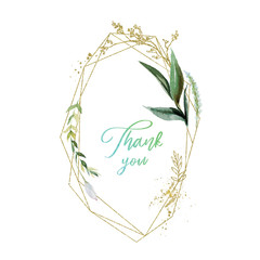 Watercolor floral illustration with gold branches 