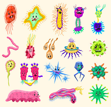 Set of bacteria characters. Cute germ and micro Microbe funny infection and virus. Funny bad emotions. Cartoon Color Monster, pathogen or parasite.