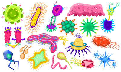 Set of bacteria characters. Cartoon Cute germ virus funny infection. Funny bad emotions micro Microbe. Color Monster, pathogen or parasite.