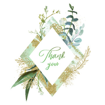 Watercolor floral illustration with gold branches - leaf frame / wreath, for wedding stationary, greetings, wallpapers, fashion, background. Eucalyptus, olive, green leaves, etc.