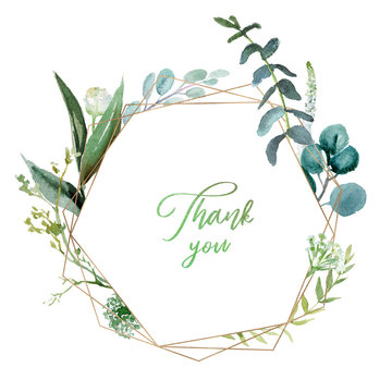 Watercolor floral illustration - geometric leaf frame / wreath, for wedding stationary, greetings, wallpapers, fashion, background. Eucalyptus, olive, green leaves, etc.