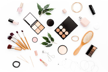 Professional decorative cosmetics, makeup tools on white background. Flat composition beauty, fashion. flat lay, top view