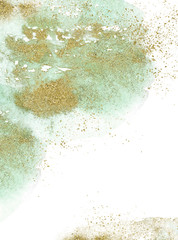 Gold, blue and turquoise watercolor texture design. Brush stroke frame / border. Shimmering modern art. Illustration.