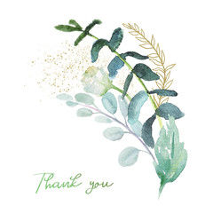 Watercolor floral illustration bouquet - green & gold leaf branches collection, for wedding stationary, greetings, wallpapers, fashion, background. Eucalyptus, olive, green leaves, etc.