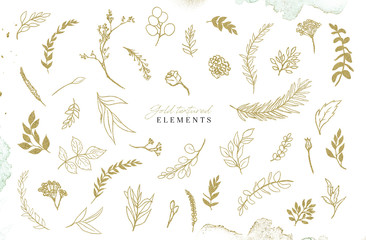 Watercolour gold floral illustration set. DIY flower elements collection - perfect for flower bouquets, wreaths, arrangements, wedding invitations, anniversary, birthday, postcards, greetings, logo.