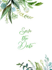 Watercolor floral illustration - leaf frame / border, for wedding stationary, greetings, wallpapers, fashion, background. Eucalyptus, olive, green leaves, etc.