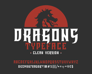 Font Dragons. Clean version. Hand crafted retro vintage typeface design. Handmade lettering. Authentic handwritten alphabet. Vector graphic illustration old badge label logo template.