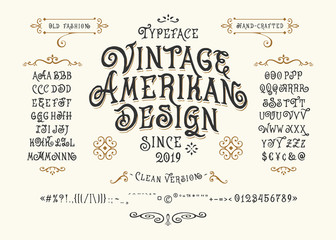 Font Vintage American Design. Hand crafted retro typeface. Handmade type letters numbers punctuation accents. Original handwritten graphic alphabet. Vector illustration old badge label logo template