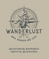 Font WANDERLUST. Craft retro vintage typeface design. Fashion type. Sans serif. Pop modern display vector letters alphabet. Drawn in graphic style. Set of Latin characters, numbers.