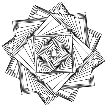 Abstract black and white circular pattern. Geometric pattern with visual distortion effect. Optical illusion. Op art. Isolated vector object for coloring books and other creative projects.