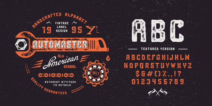 Font AUTOMASTER. Hand crafted retro vintage typeface design. Handmade textured lettering. Handmade type on black background. Authentic graphic alphabet. Vector illustration old label logo template.
