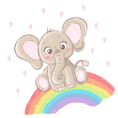 Cute baby elephant sitting on a rainbow. Hand drawn vector illustration.