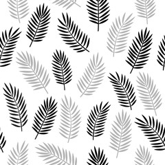 Black and white and grey seamless ornamental decorative pattern with tropical palm leaves isolated on white background. Vector eps10 minimalist background.