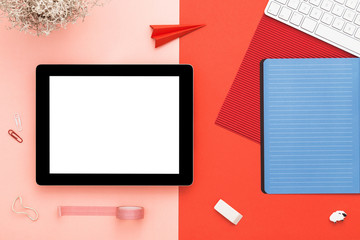 Back to school creative flat lay with tablet mockup.